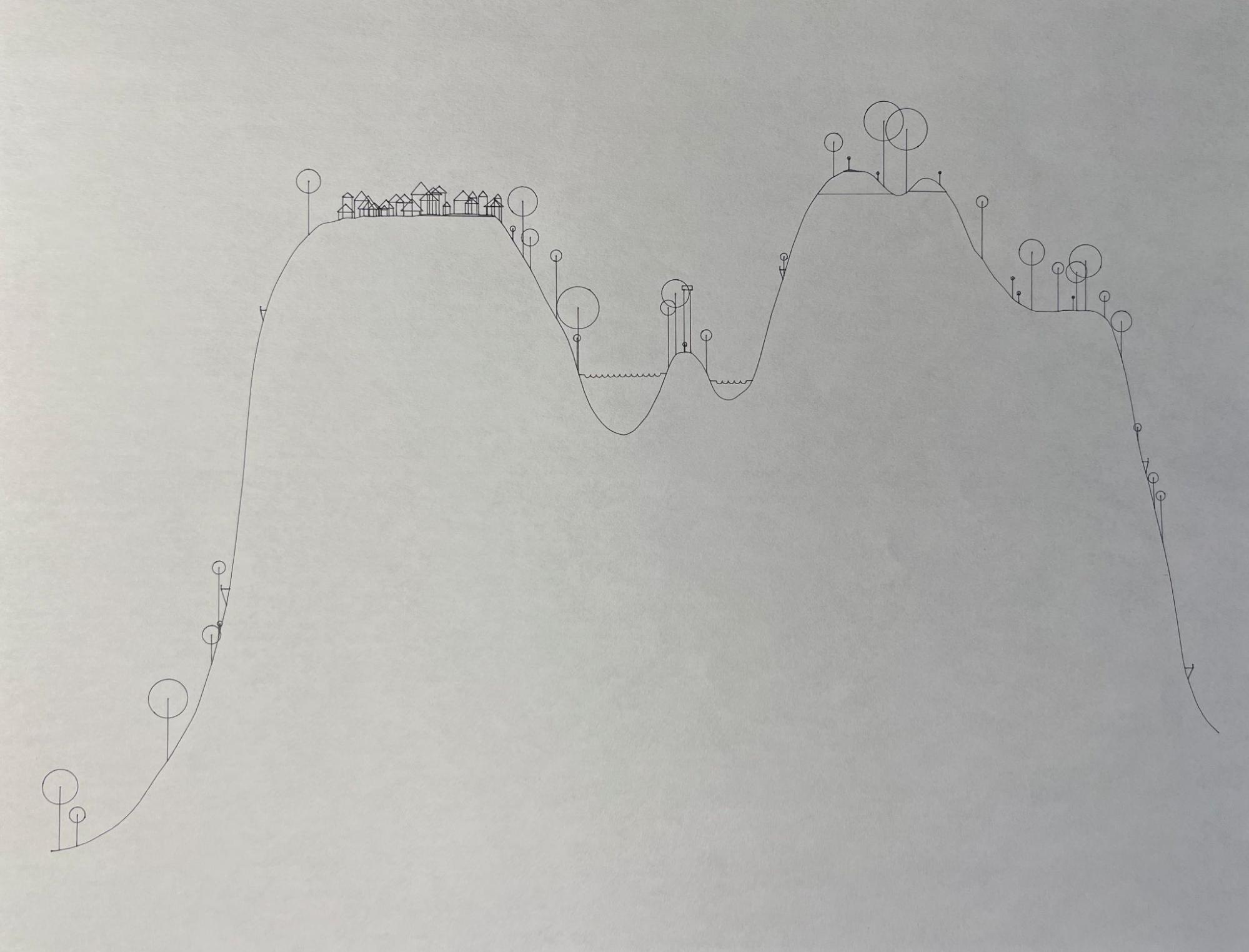 Close view of a first-prototype output: a plotted landscape with trees, houses and a lake
