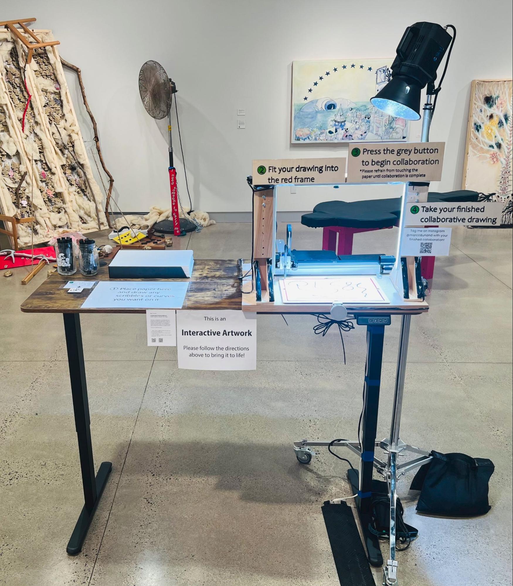 The completed Collaborative Drawing Machine installed in the gallery at the Tomayko Foundation
