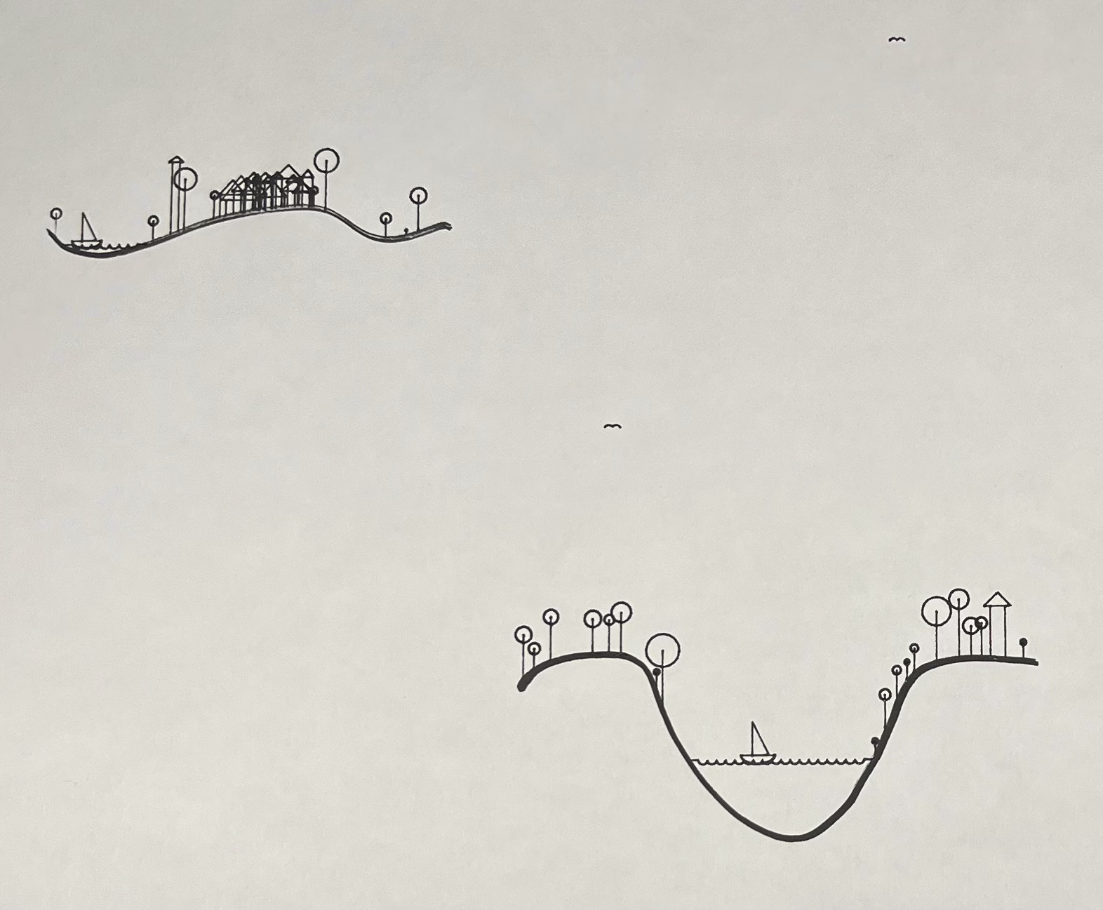 A finished collaboration: two separate strokes, each reimagined as a floating landscape with a lake and a village