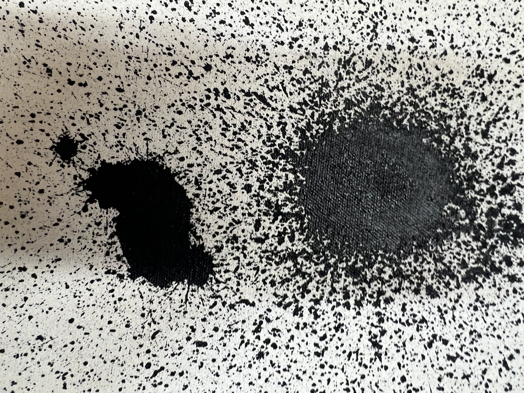 Two pools of ink on gessoed canvas, each surrounded by fine splatter