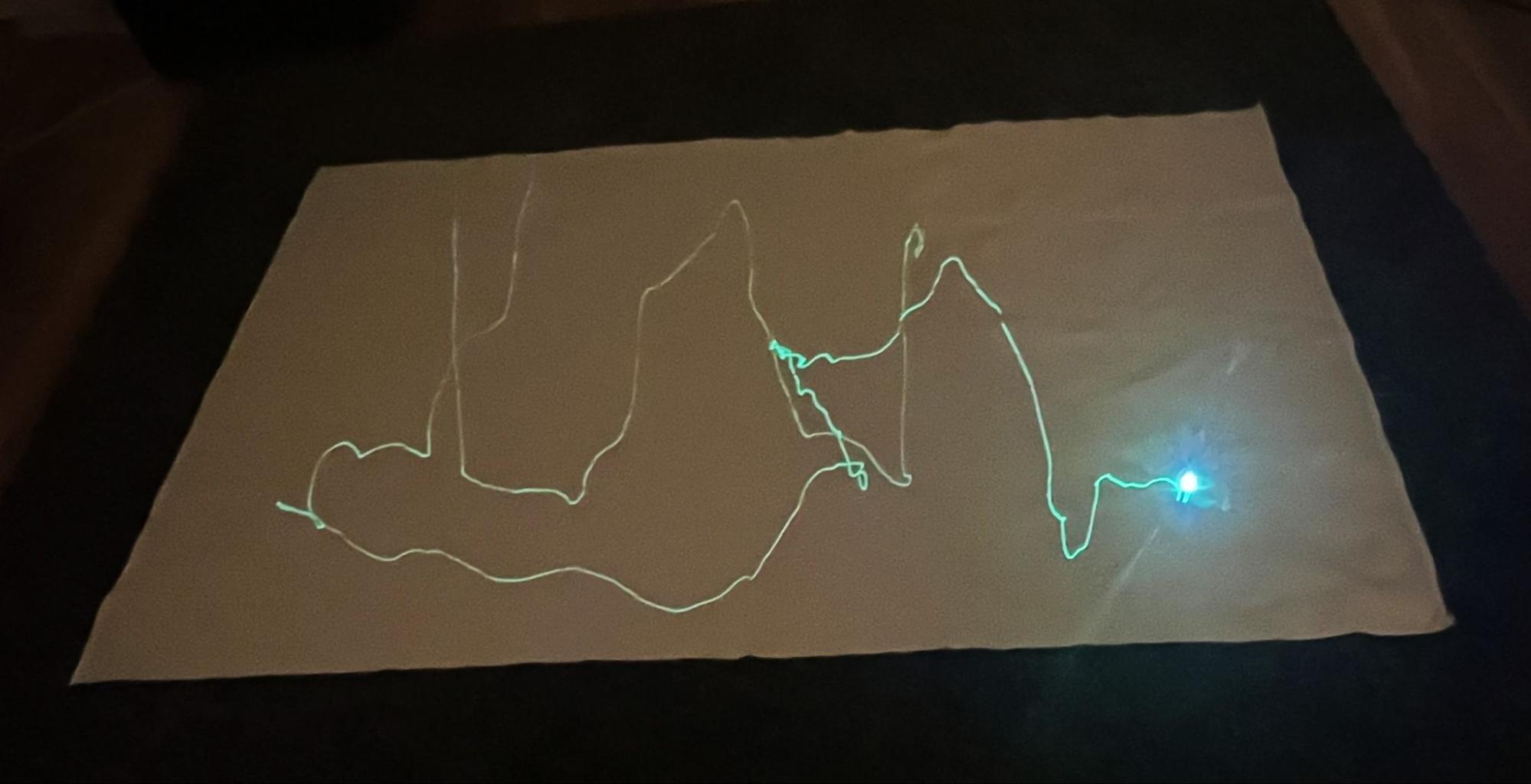 The same phosphorescent fabric in the dark, with a bright glowing line and the violet laser point at one end