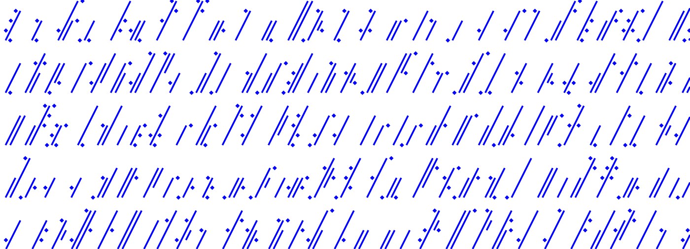 A sparse page of slanted spines with dots scattered beside them