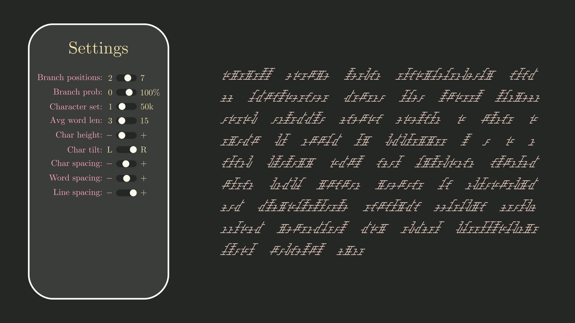 A settings panel with character height, tilt and spacing controls, beside a page of slanted asemic script