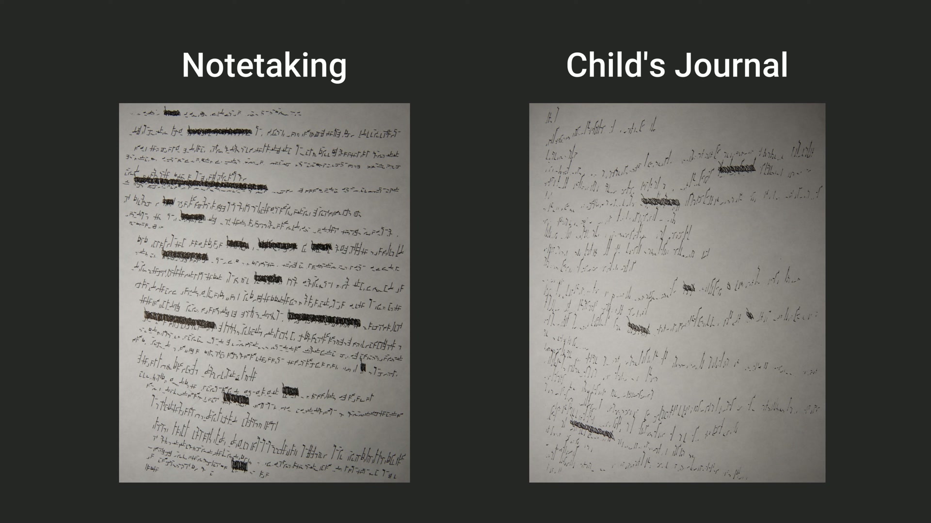 Plotted notetaking and child's journal styles side by side
