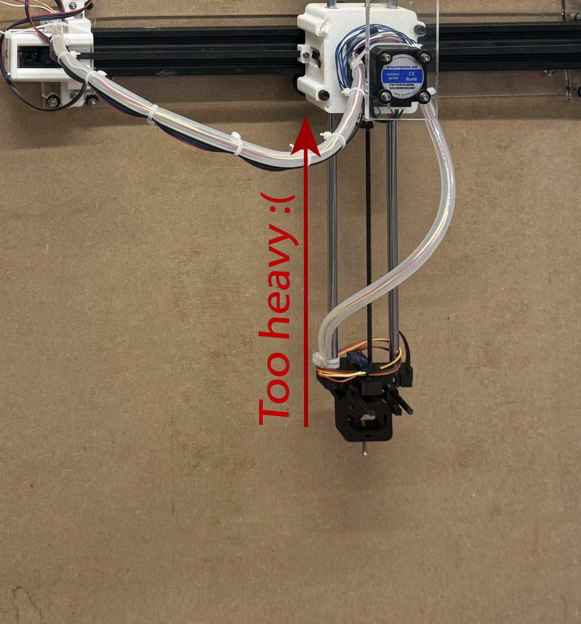 The plotter stood upright, with a red arrow marking the y-arm as too heavy to lift